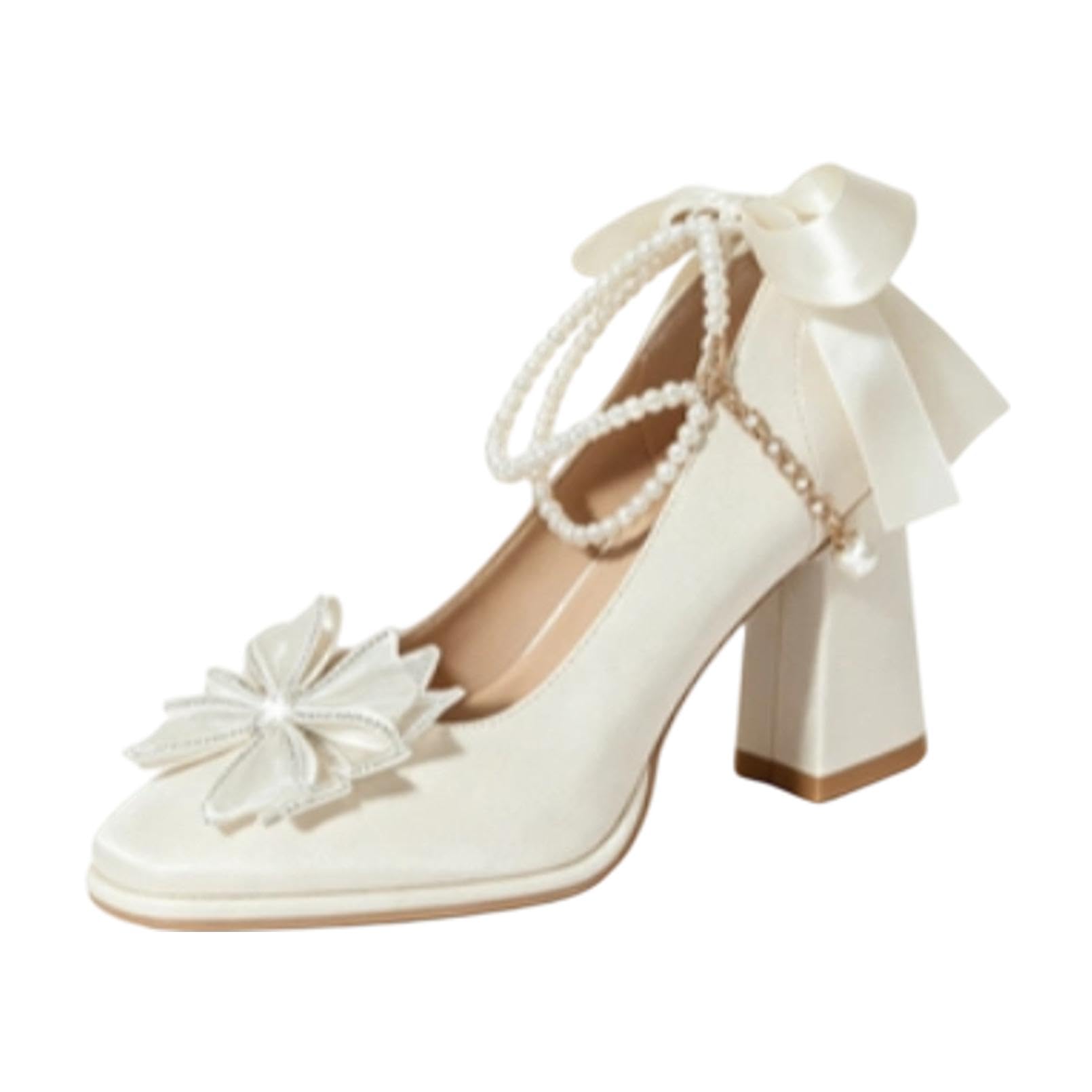 Generico Scarpe da Damigella in Raso con Punta Quadrata da Donna | Tacco A Blocco Spesso Scarpe Da Vestito Da Sposa Con Fiocco Strass, Perle Cinturino Alla Caviglia Scarpe Da Cerimonia