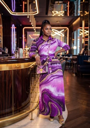 Image of Runwind Women Church Maxi Dresses 3 /4 Sleeve Button Down Print Casual Office Dress African