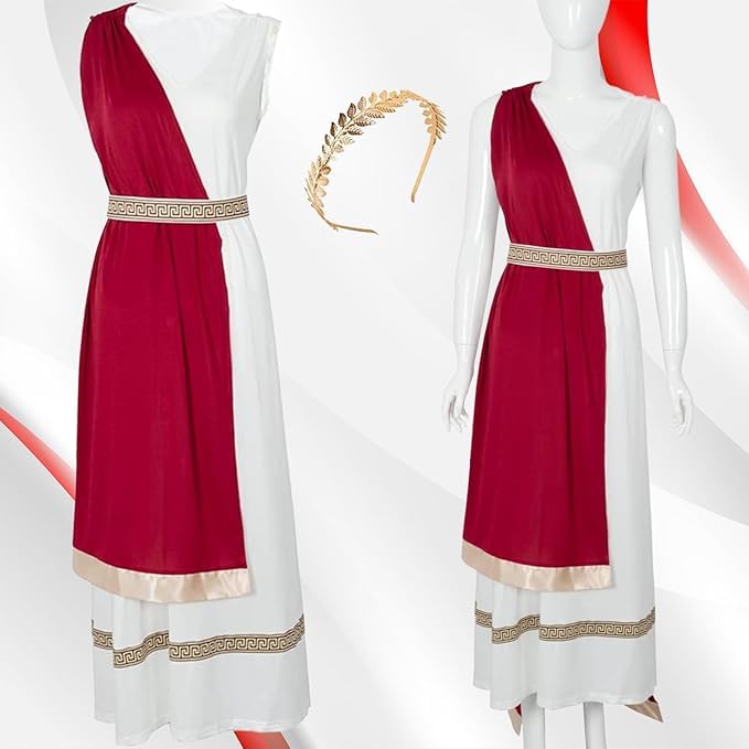 Bella Dox Women's Roman Empress Goddess Costume, Greek Toga Fancy Dress, with Gold Headpiece, Arm Cuffs and Attached Shawl, for Halloween and Themed Parties