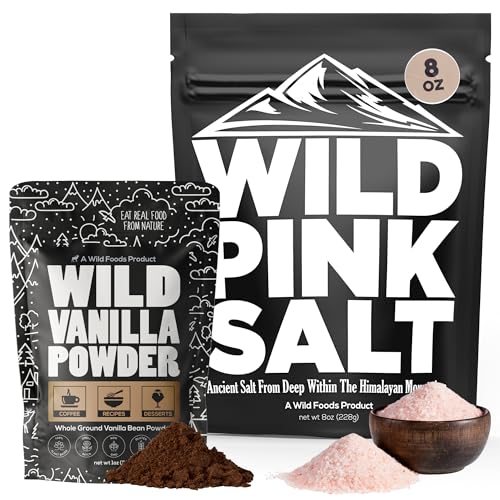 Wild Foods Pink Himalayan Salt (8oz) and Vanilla Bean Powder (1oz) Bundle for Cooking and Baking