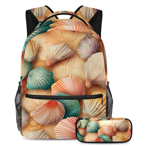 Sac à dos grande capacité et sa trousse lot de 3 cartables esthétiques coquillages