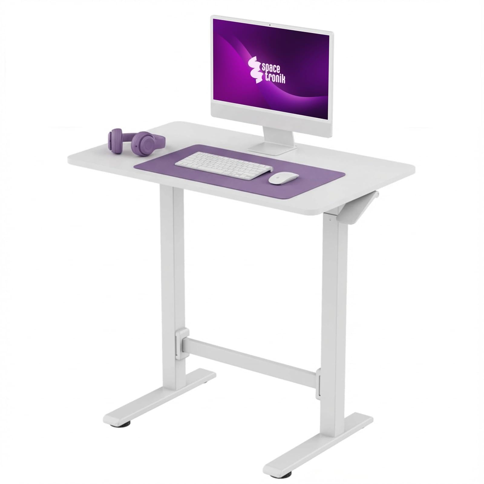 Spacetronik Höhenverstellbarer Schreibtisch Manuell 80x50 cm | Gasfeder Pneumatisch, Sitz-Steh-Tisch ohne Strom, Mobiler Laptoptisch mit Rollen, Stehpult 70-115 cm, Weiß