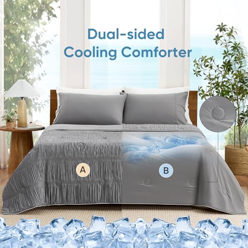 Image of Snuggle Sac Cooling Comforter Queen Size - Q-Max 0.43 Striped Cooling Blanket for Hot Sleepers &Night Sweats, Light Breathable Summer Blanket, Dual-Sided Silk-Smooth, 90x90Inches, Dark Grey
