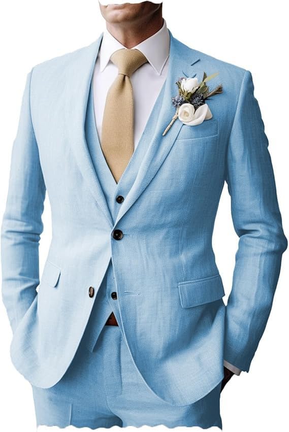 Men's Suits Regular Fit Summer 3 Piece Beach Linen Tuxedos Jacket+Vest+Pants Wedding Groomsman2