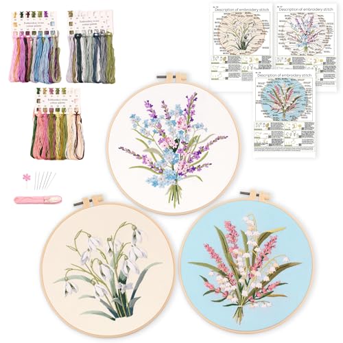 Harimau 3Pc Embroidery Kit for Beginners, Floral Plant Pattern,Cross Stitch Kits Set, Including Stamped Embroidery Cloth with 3 Embroidery Hoops, Color Threads and Tools (Flowers) (Blue)