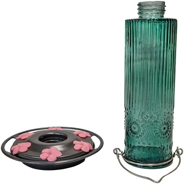 Nature’s Way Antique Glass Hummingbird Feeders, Teal, Pack of 2, 25 oz Bottle Style with 6 Pink Flower Ports, Saucer Base with Perch, Hanging Outdoor Nectar Feeders
