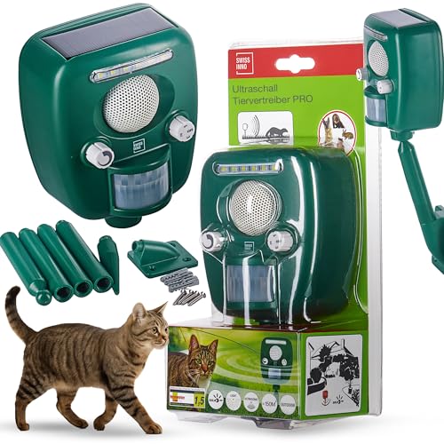 SWISSINNO Ultraschall-Tiervertreiber PRO mit LED-Licht und Solarbetrieb – Bewegungsaktivierte Tierabwehr für Garten Hof Auto oder Teich – 12 m Reichweite – 150 m² Abdeckung – Inklusive Erdspieß