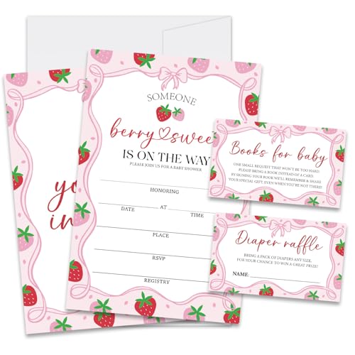 RLCNOT Strawberry Baby Shower Invitations for Girls, 25 Sets Berry Sweet Baby Shower Invites with Envelopes, Diaper Raffle Tickets & Books Request Cards, Gender Reveal Party Supplies -08