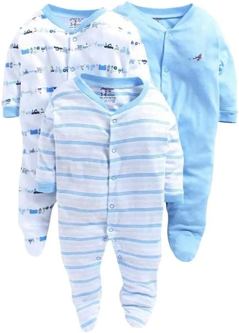 Kingborn Cotton Rompers/Sleepsuits/Jumpsuit/Night Suits for Newborn Baby Boys & Girls in Blue Color Pack of 3
