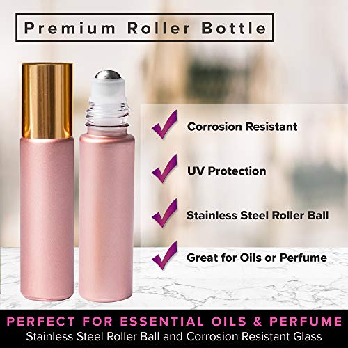 Rose Gold Ultimate Essential Oil Roller Bottles Set With Stainless Steel Balls, 8 Pack 10ml Leakproof Glass Bottle With 9 Rollerballs For Perfume & Aromatherapy Oils 1 Funnel + Opener & 192 Labels
