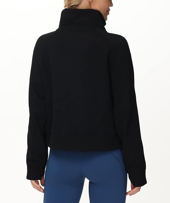 THE GYM PEOPLE Womens Half Zip Pullover Fleece Stand Collar Crop Sweatshirt | Thumb Hole, Pockets, Fleece Lined Crop Tops for Lounge, Workout