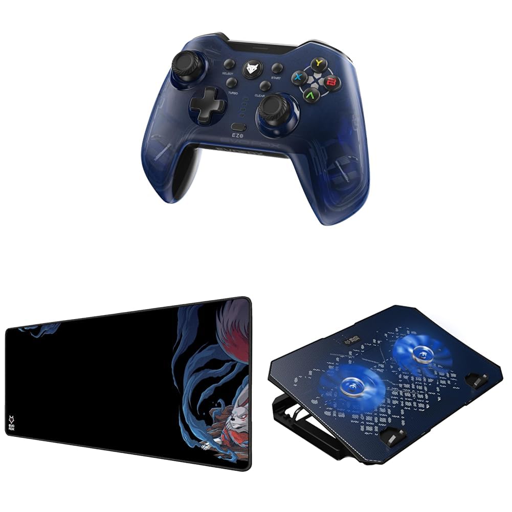 EvoFox Elite X Wireless Gamepad for PC (Blue) Falcon X85 Extended Mouse Pad/Desk Pad for Laptop, XXL [850mm x 300mm] Frost Laptop Cooling Pad with 125mm Silent Fans (Blue)