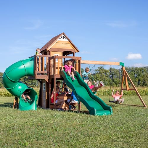 Backyard Discovery Cedar Cove Cedar Wood Swing Set with Spiral Tube Slide, Wave Slide, Clubhouse, Toy Grill, Snack Bar, Rock Wall, Belt Swings, Web Swing, Balcony, Chalkboard, Ladder, Outdoor Playset - image 2