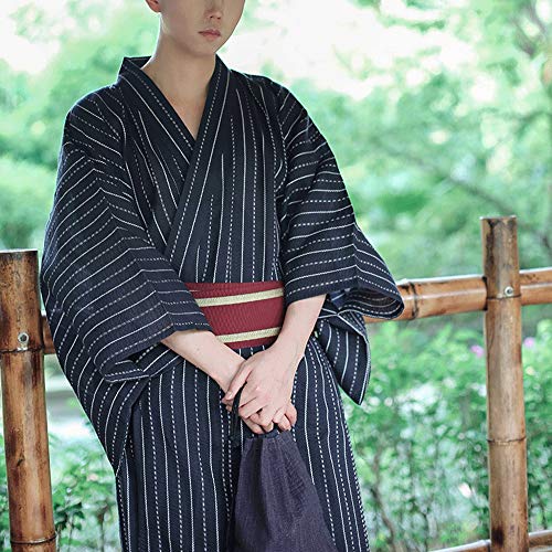 Men's Japanese Traditional Kimono Robe Long Sleeve Spa Bathrobe Easy Wearing Yukata Sleepwear Nightgown Unisex OBI Belt Set Navy Stripe3