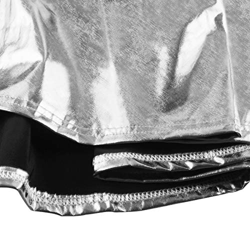 Women's Pleated Skirt Short Shiny Liquid Metallic Flared Skater Skirt Silverm, S #TOP3