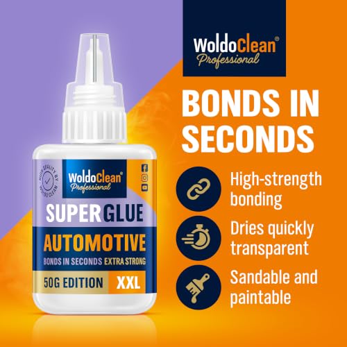 Image of WoldoClean Super Glue for Car 50g Automotive Adhesive - Emblem Bumper Trim | Exterior Interior Badge Decal, Heat Resistant Waterproof, Plastic Metal