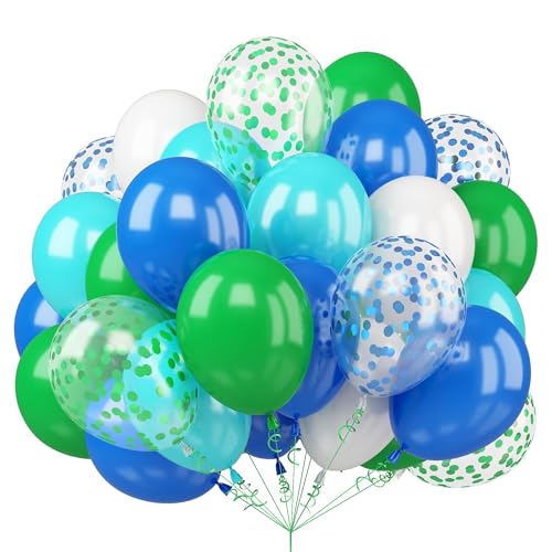 50Pcs Blue Green Balloons 12inch Light Green Blue Vintage Confetti Balloon with Ribbons for Boys Birthday Party Jungle Safari Themed Decoration by Biapian - Used condition - US$7.19