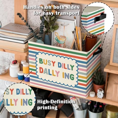 Image of Funny Kids Nursery Storage Bins Box with Handles, Colorful Striped Busy Dilly Dallying Boho Collapsible Basket Organizer for Toddler Kids Room Bedroom Playroom Bathroom Books Clothes