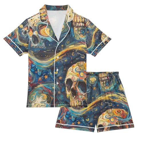 senya Human Skeleton Satin Summer Pajama Sets Silk Short Sleeve Button Down Sleepwear