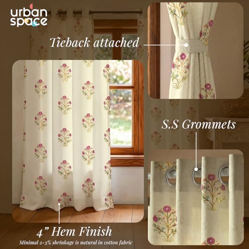Image of Urban Space 100% Cotton Curtains with Gold Foil Print | Upto 60% Light Blocking Window Curtain 5 feet I Set of 2 Decorative Curtains with Eyelets and Tieback Included (Zari Mohar Pink Gold - 5 feet)