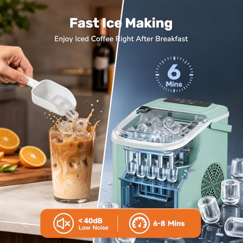 Image of Sweetcrispy Countertop Ice Maker with Scoop, Basket and Handle, Portable Ice Machine 9 Cubes Ready in 6 Mins, 26.5lbs in 24Hrs, 2 Sizes for Home Kitchen Office Bar Party