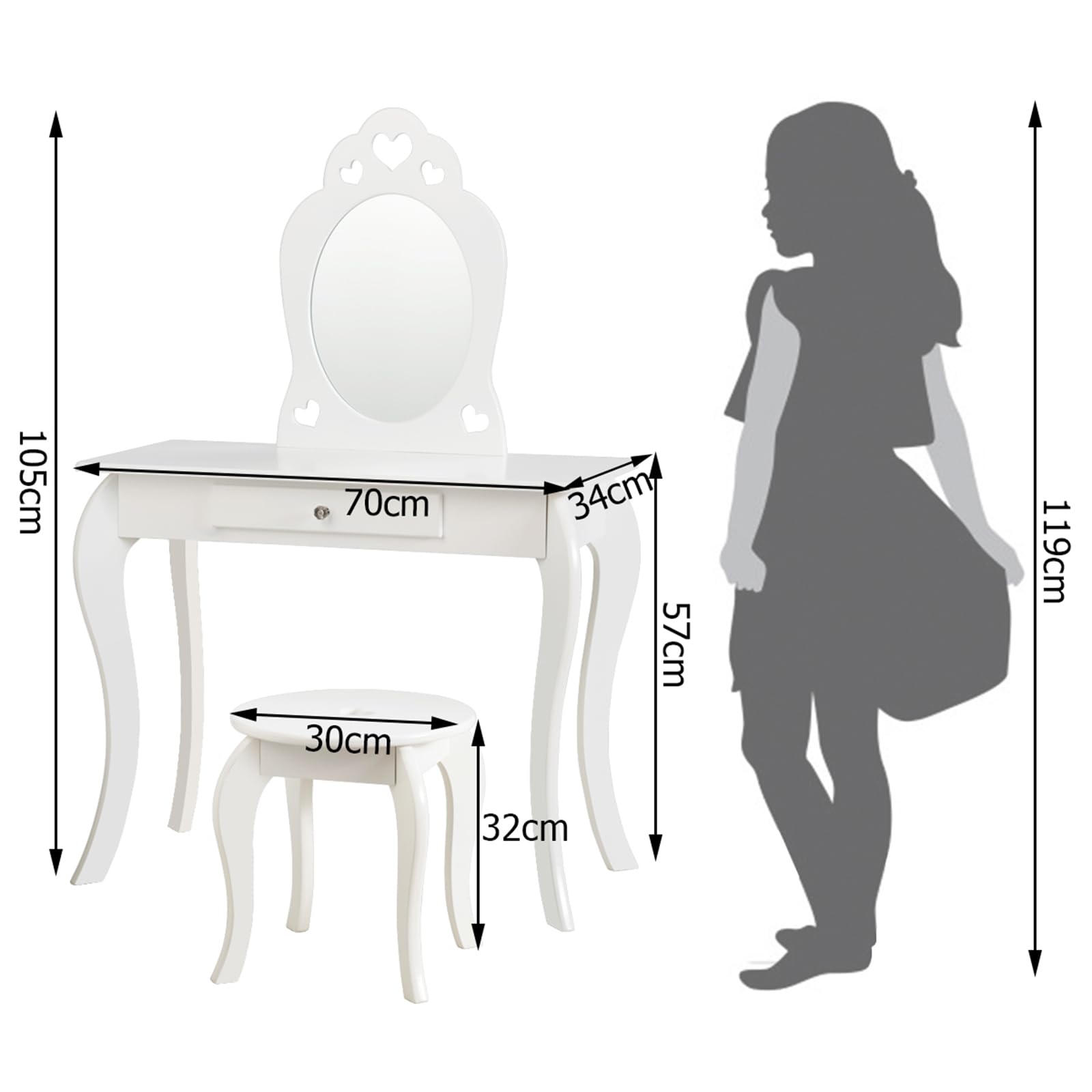 COSTWAY 2 in 1 Toeletta Trucco per Bambina 3+ Anni, Postazione Trucco Bambina con Specchio ad Alta Definizione Rimovibile, Set in Legno con Sgabello, Cassetto e Dispositivo Anti-ribaltamento (BIANCO)