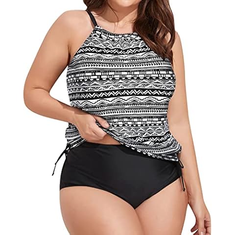 Swimwear Tankini Women Plus Blouson Swimsuit Piece Tummy Short Suit Top Two Control with Swim Bathing Size Tankini Swimwears Tankinis Set Swimwear Women Two Piece (White, XL) Cover