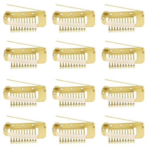 Image of INHEAVEN 12 pcs Wig Clip with Safety Pins, 10-Teeth Hair Extension Snap Clips Invisible Strong Wig Combs to Secure Wig No Sew Chunni Grip Dupatta Clips Hijab & Tikka(Gold) (12)