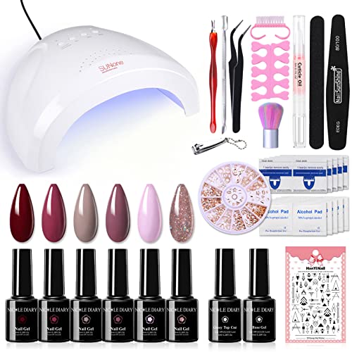 NICOLE DIARY Lámpara UV LED para Uñas 48w, 6 Colores Malva Lila Granate Kit de Esmaltes Semipermanentes en Gel UV LED, con Top Coat Base Coat Semipermanentes, Removedor de Uñas y Accesorios Cover