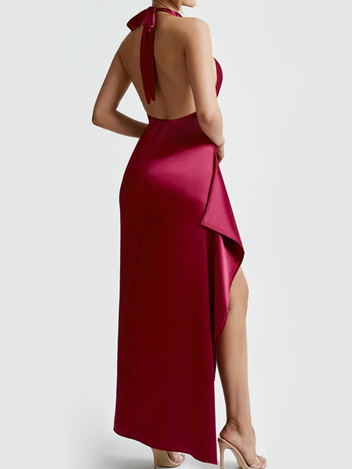 Robe Femme Femmes Satin Midi sans Dos Élégante Châle De Châchage À Cou High-Bordeaux-XS