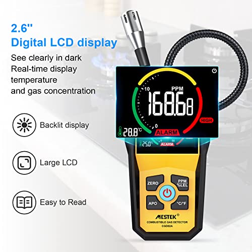 Gas Leak Detector, Mestek Natural Propane Methane Gas Sniffer Combustible Gas Leak Detector With 50-50000Ppm 100%Lel, 2.6'' Color Lcd Display, Temperature Measure, 12" Flexible Probe,High Sensitivity #TOP1