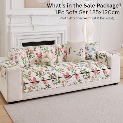 Image of HOMETHREADS Premium Style Anti Slip Sofa Cover Set | Cotton Sofa Slipcover | 1Pc Front Cover with Attached Armrest + 1Pc Back Cover (Leave Green Flower, 2 Seater | 120x185cm)