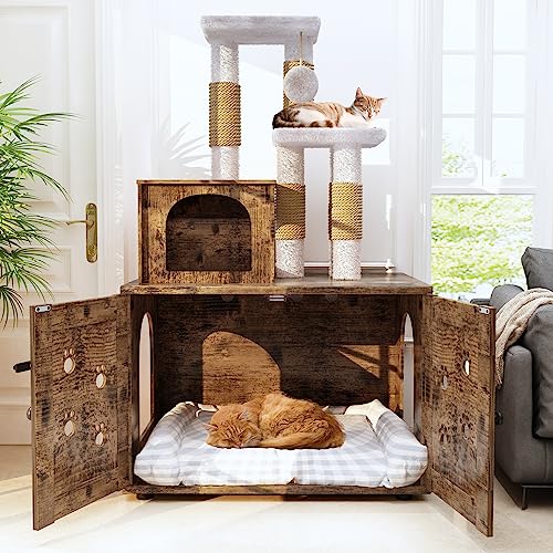 Recaceik Cat Litter Box Enclosure With Cat Tree, Hidden Cat Washroom Furniture With Divider, Wooden Cat House With Platform, Scratching Post And Soft Plush Perch, Indoor Pet Cabinet,Espresso #TOP1