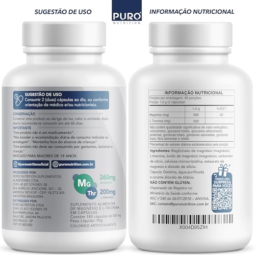 Magnésio L-Treonato Puro Nutrition + Quelato, Alto Teor de Magnésio por Porção, 180 Cápsulas