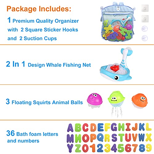 Bath Toy Sets, 36 Foam Bath Letters and Numbers, Floating Squirts Animal Toys Set with Fishing Net and Organizer Bag, Fish Catching Game for Babies Infants Toddlers Bathtub Time
