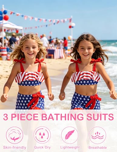 Image of ALISISTER Girls Swimsuit 3 Piece Bathing Suits Flounce Bikini Tankini Set Beach Swimwear with Cover Ups Skirt for 3-8 Years