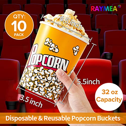 raymea popcorn buckets disposable 32oz retro style paper leak proof popcorn containers bowls for family movie night amp party - 10 pack