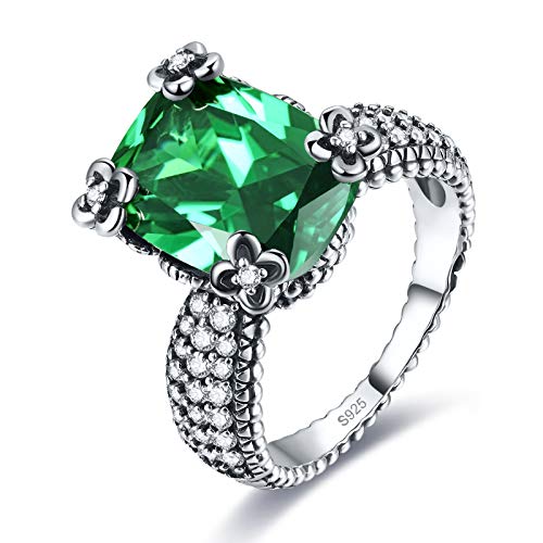 Vintage Black Oxidized Finished 925 Sterling Silver Rings for Women, Floral Statement Engagement Ring, Simulated Emerald Quartz Wedding Band Promise Ring for Her