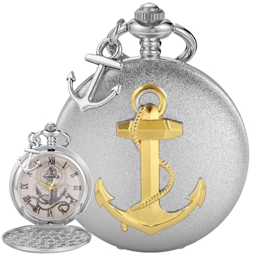 Image of Tiong Pocket Watch Anchor Pattern Design Roman Numerals Quartz with Chain Birthday Gifts