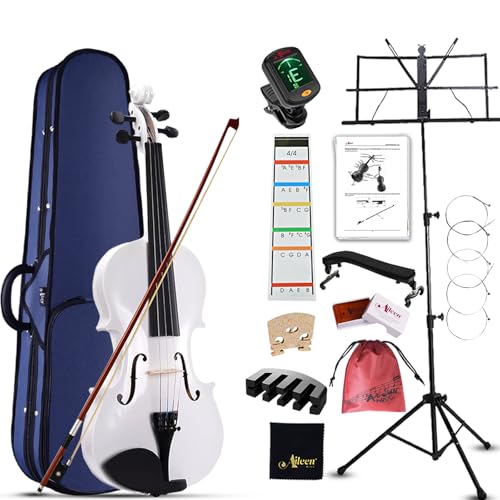 Aileen 4/4 Violín de Tamaño Completo para Adultos Principiantes, Fiddle Kit de Iniciación para Niños de 12 Años o Más, Blanco Violín Set Estudiante con 13 Accesorios, incluyendo Atril, Pegatina Nueva
