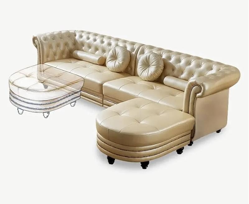 Image of Royale Hand Tufted Six (4+1+1) 5- to 6-Person Sofa Elegant Wooden Base Sofa In Wide Extravagant Fabric, Gives Luxurious Look For Home /Living Room /Office /Guest Room /Hotels, White