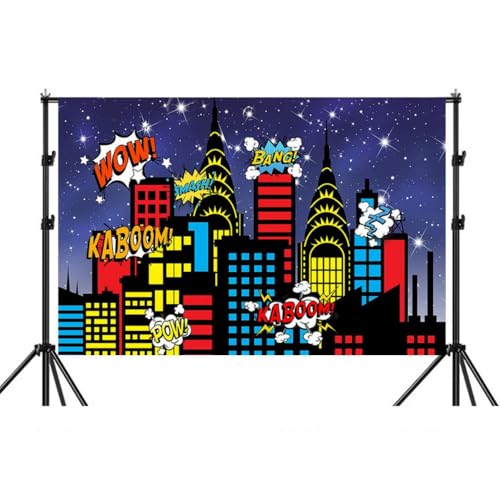 MHDAMAI Superhéroe Telón de Fondo, City Photography Telón de Fondo 1 x 1,5 m, Fondo de Cumpleaños Superhéroe, Decoración de Fiesta de cumpleaños