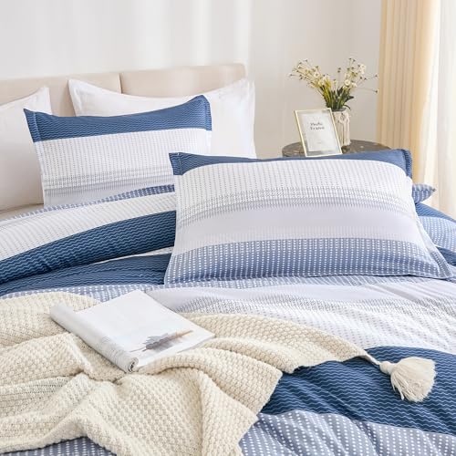 Litanika Mineral Blue California King Comforter Set - 3 Pieces Cal King Oversized Lightweight Summer Colorblock Stripe Bedding Set (104x96In, 2 Pillowcases)