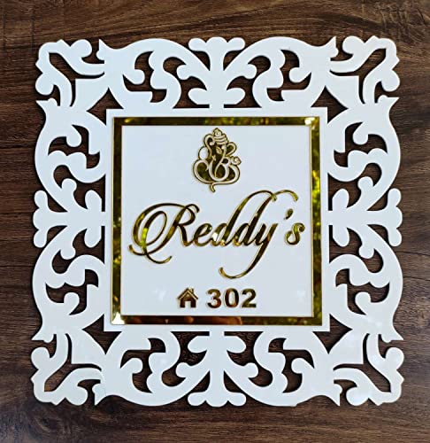 Image of Aarushi Creations Acrylic Personalized Home Name Plate - 3 Year Warranty - Acrylic Embossed Letters with Mirror Shine (White, Golden) 0319 (12x12 Inch)