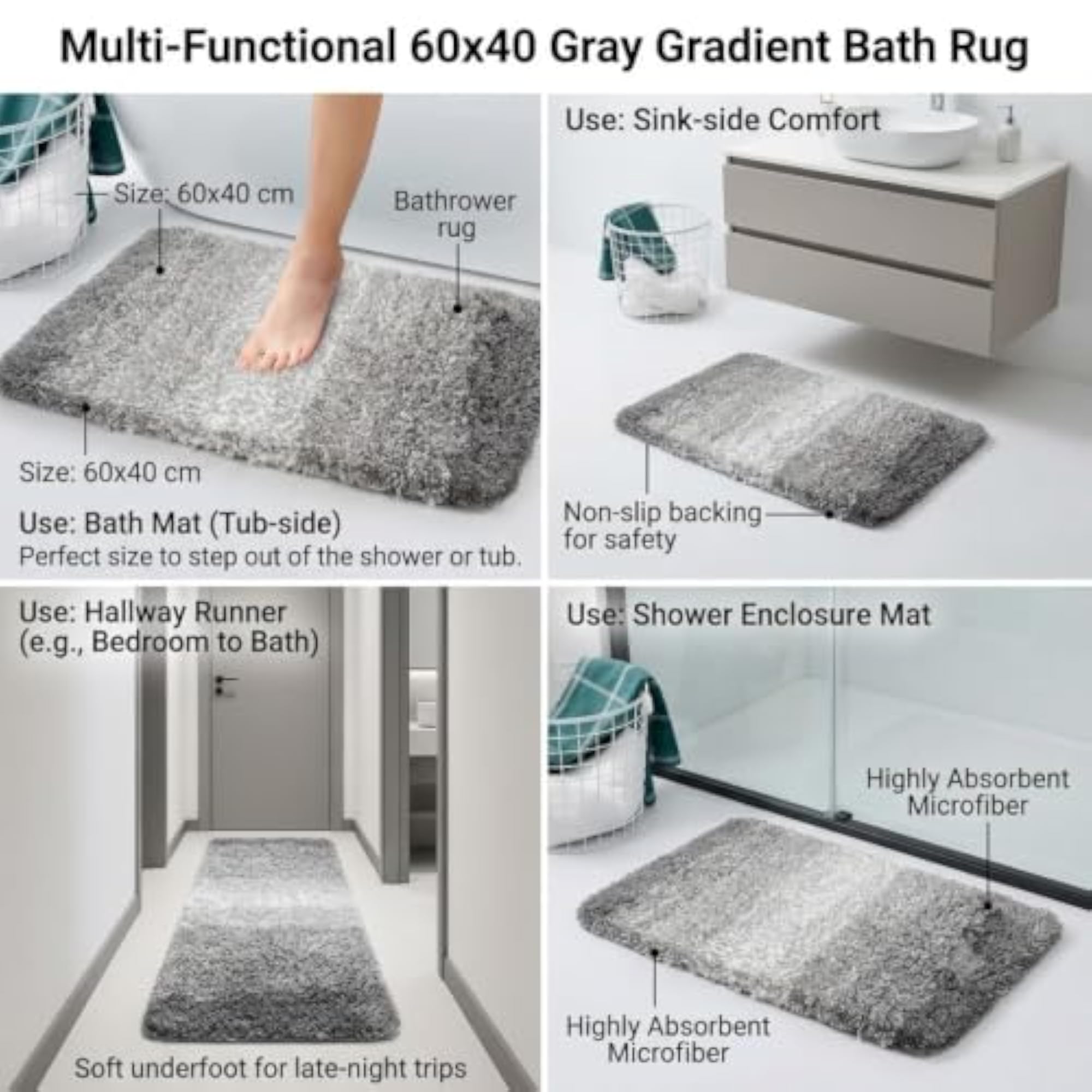 Gray Gradient Microfiber Bath Mat, 60x40 cm, Non-Slip