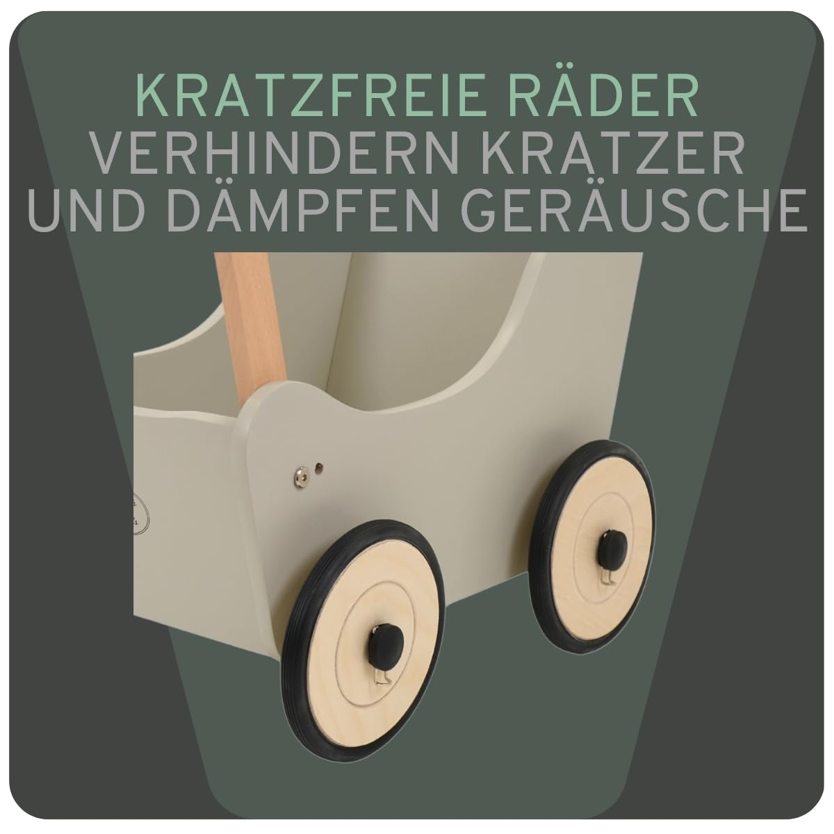 Bandits & Angels Puppenwagen Little Angel ab 1 Jahr - Puppenwagen aus Holz - Für Mädchen - Für Puppen bis 42 cm - Gummiräder (Olive Green)