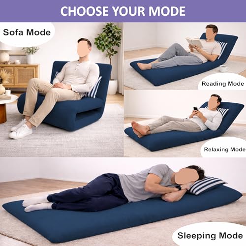 Image of Adorn India Easy Multi Mode 1 Seater Sofa Cum Bed | Velvet Fabric | Blue | Stripes Design | Comfortable Seating | Washable Cover | Perfect for Home & Office