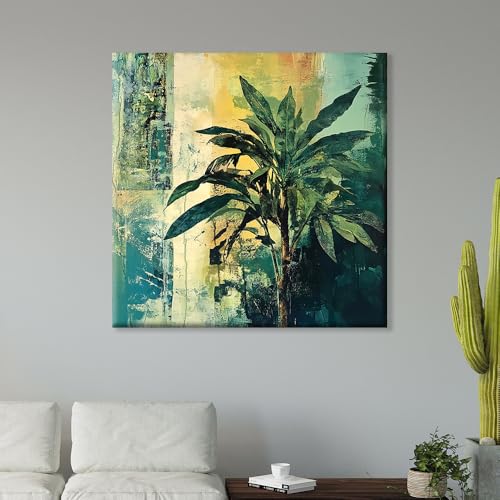 Image of Exsha Abstract Green Plant Foliage Canvas Wall Painting|Modern Tropical Leaves Paintings for Living Room, Bedroom, Office, Balcony Decor|Contemporary Nature Art Print for Wall Decoration|20x20 Inch