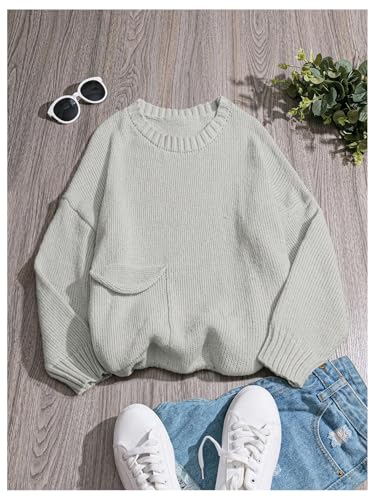 Image of RoseSeek Women's Plus Size Crewneck Sweaters Long Sleeve Pocket Chunky Knitted Sweater Jumper Light Grey 2XL