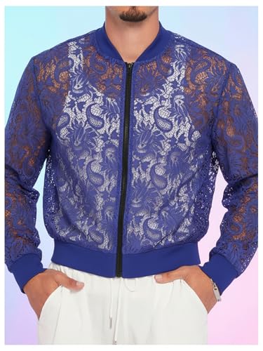 Image of WDIRARA Men's Floral Lace Bomber Jackets Long Sleeve See Through Outerwear